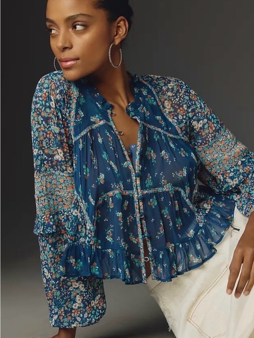 Anthropologie Blue Floral Ruffled Peasant Blouse